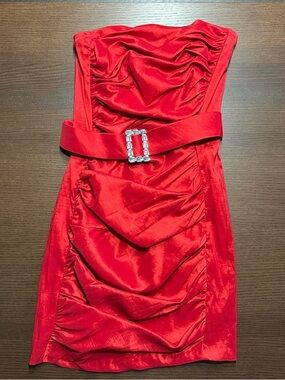 Strapless Red Ruched Cocktail Dress with Rhinestone Buckle Fits like XS